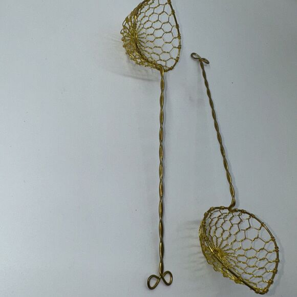 2 NEW Vintage Brass Wire Mesh Strainer Scoops 9x2" STRAINERS Asian Chinese Gold - Picture 3 of 8